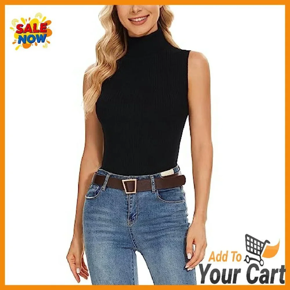 Sleeveless Turtleneck Vest Stretchy Knit Slim Fit Women's Top